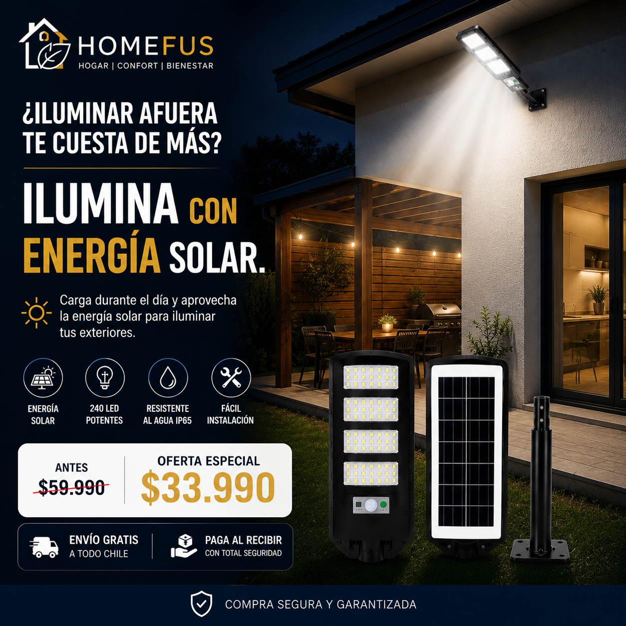 Foco Solar HomeLux 1000™ | Ilumina tus exteriores con energía solar